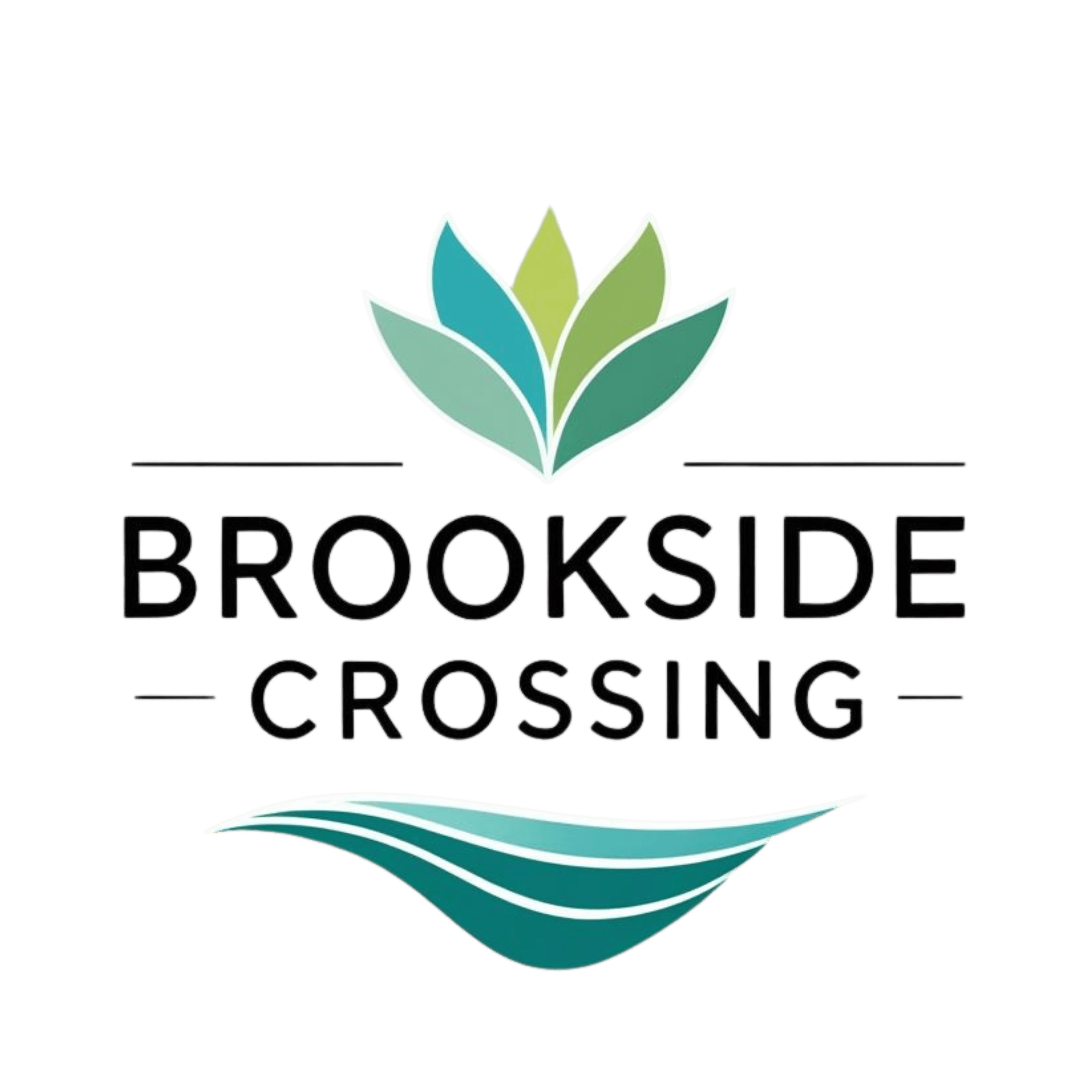 A graphic with a flower and the words "Brookside Crossing" on a black background.